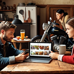 **A cozy scene of people connecting online through various devices (laptop, tablet, phone), showcasing different interests like photography, cooking, and vintage motorcycles. The atmosphere should be warm and inviting, emphasizing the feeling of finding your "tribe." Focus on a "gezellig" atmosphere.**