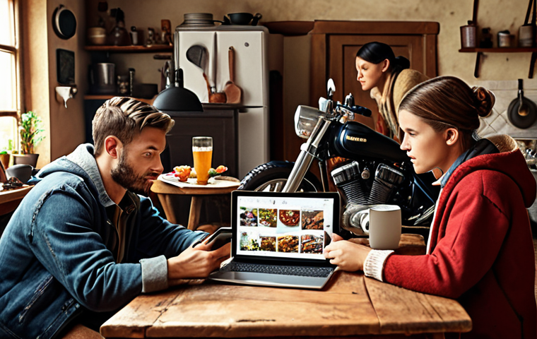 **A cozy scene of people connecting online through various devices (laptop, tablet, phone), showcasing different interests like photography, cooking, and vintage motorcycles. The atmosphere should be warm and inviting, emphasizing the feeling of finding your "tribe." Focus on a "gezellig" atmosphere.**