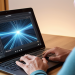 "A mid-30s Dutch individual, male or female, with a look of pleasant surprise and satisfaction, engaging with a sleek, modern laptop or tablet in a comfortable, well-lit home environment. On the screen, visually distinct elements representing highly personalized content are displayed: tailored hiking gear recommendations for the Ardennes, specific clothing styles, or travel suggestions. Subtle, glowing digital lines or abstract light patterns emanate from the screen, gently connecting with the user, symbolizing the seamless and intuitive nature of hyper-personalization. The overall mood is one of ease, understanding, and quiet innovation, with a clean, contemporary aesthetic. Realistic photography, shallow depth of field, natural lighting."
