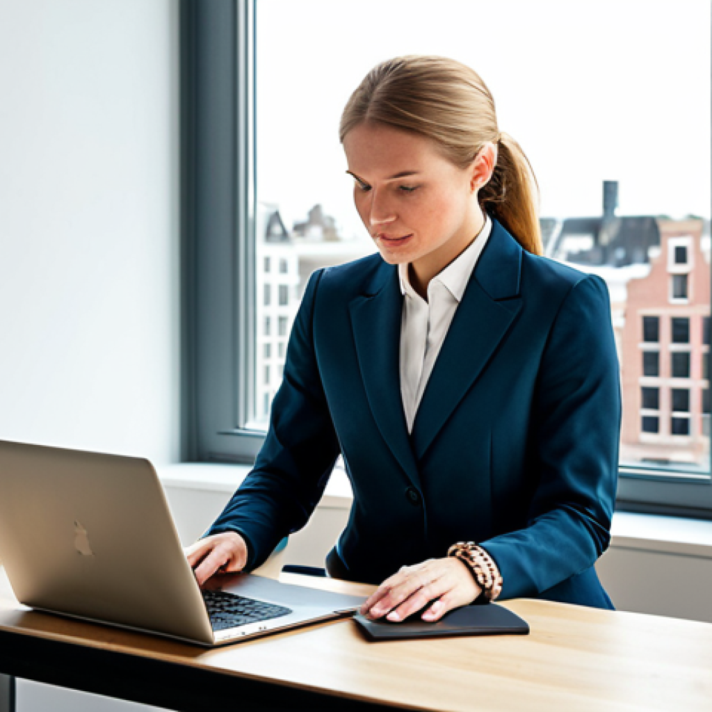 Modern Office Scene**
"A professional Dutch businesswoman in a modest, stylish business dress and blazer, working on a laptop at a bright, modern office desk, Amsterdam cityscape visible through the large window, fully clothed, appropriate attire, safe for work, perfect anatomy, correct proportions, natural pose, professional photography, high quality"
**