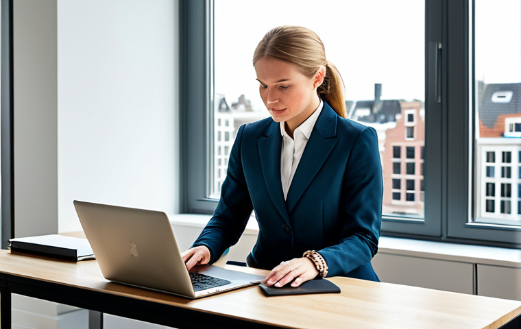 Modern Office Scene**
"A professional Dutch businesswoman in a modest, stylish business dress and blazer, working on a laptop at a bright, modern office desk, Amsterdam cityscape visible through the large window, fully clothed, appropriate attire, safe for work, perfect anatomy, correct proportions, natural pose, professional photography, high quality"
**