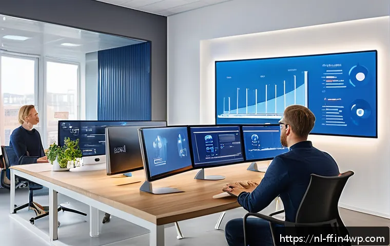 하이퍼 퍼스널라이제이션과 디지털 트랜스포메이션 - A modern Dutch office environment showing a diverse team of professionals analyzing integrated custo...