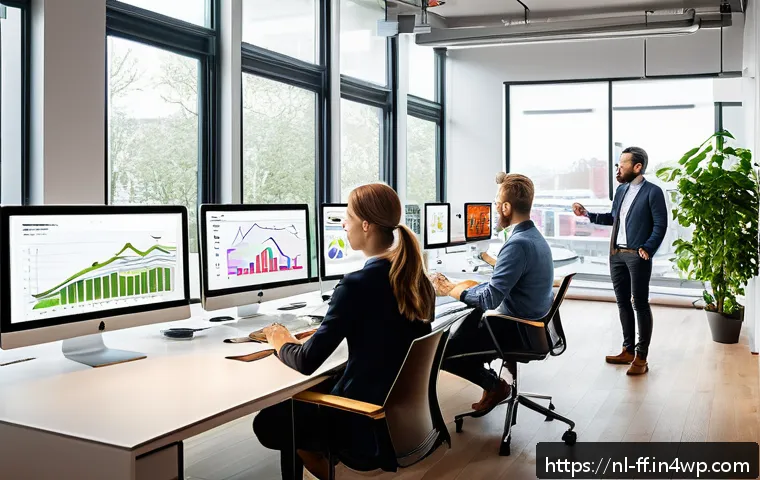 하이퍼 퍼스널라이제이션 성공을 위한 KPI 설정 - A modern Dutch digital marketing office scene showing a diverse team of professionals analyzing real...